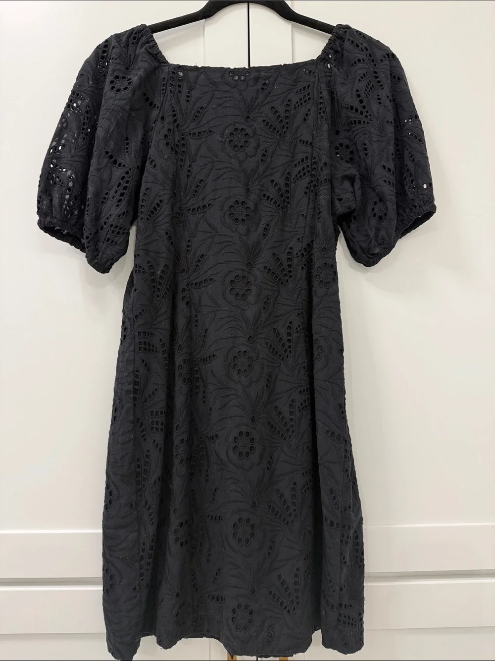 Free People Black Eyelet Button-Front Mini with Puff Sleeves